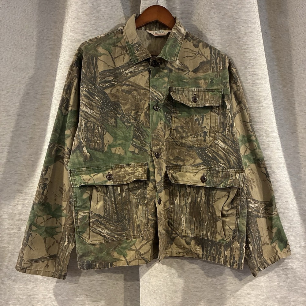 VINTAGE Red‎ Head Shirt Men Large Green Camouflage Hunting Real Tree Bark